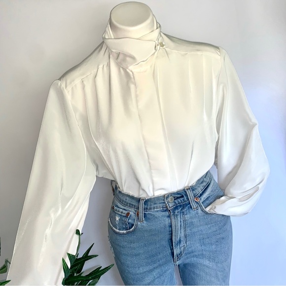 v i n t a g e :: Draped Pleated Satin High Neck Ballon Sleeve Blouse - Picture 3 of 9
